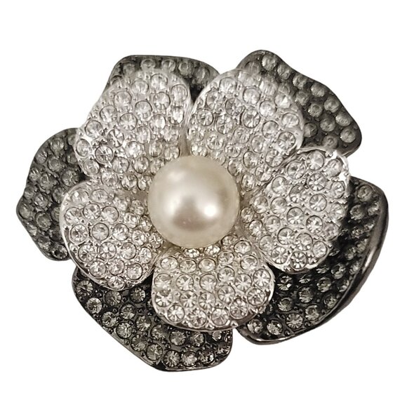 KJL Kenneth Jay Lane Silver Tone Faux Pearl Clear Rhinestone